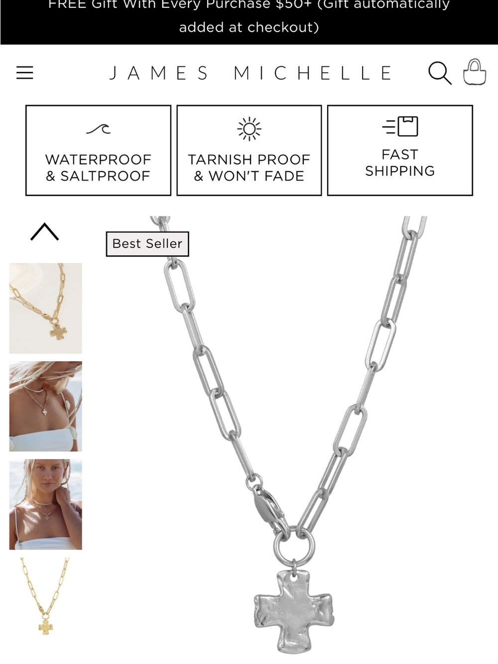 Silver Cross Pendant Paperclip Chain Necklace by James Michelle.